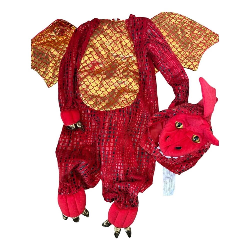 Pottery Barn Kids Red Dragon Costume 12-24 Months Plush Halloween Wings Hood